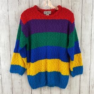 VTG P'Galli Chunky Acrylic Knit Rainbow Striped Pullover Crew Sweater Size Large